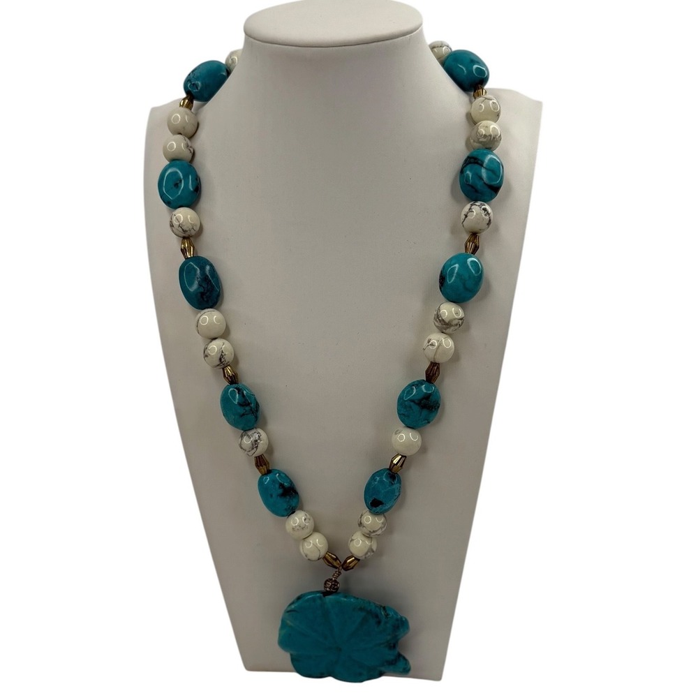 Turquoise & White Howlite Beaded Statement Necklace Carved Flower Pendant